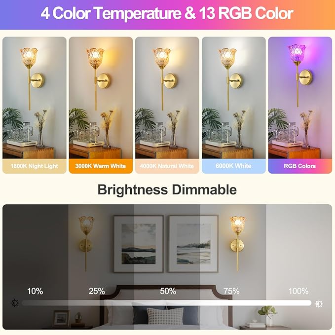 2 Pack Vintage Battery Operated Wall Sconce with Amber Glass Lampshade, Wireless Rechargeable Battery Powered RGB Wall Light with Remote Control, for Bedside Bedroom Doorway - Bloomnest