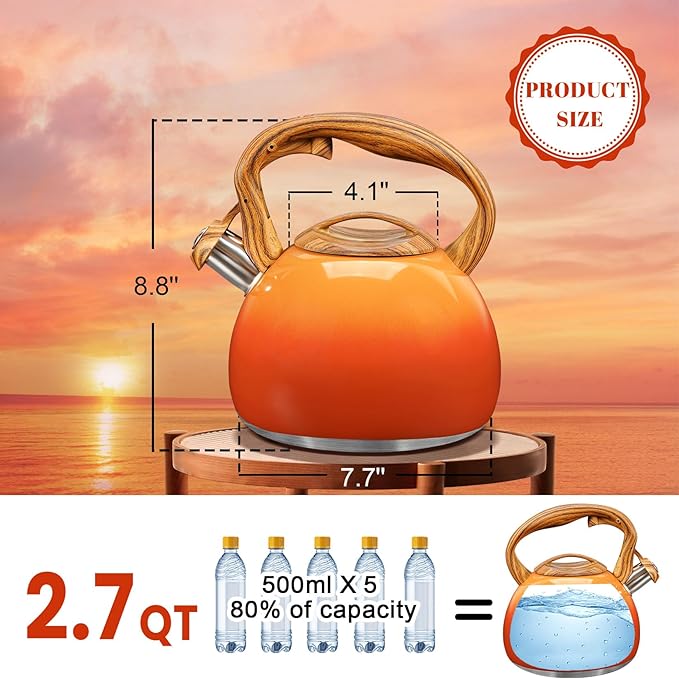 GGC Tea Kettle for Stove Top, 3.1QT/3L Whistling Tea Kettles for Boiling Water, Coffee or Milk, Red Sunset Tea Pot with Wood Pattern Handle, Stainless Steel Tea Pot for Home and Kitchen - Bloomnest