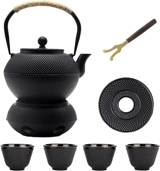 YJX 40.6oz Cast Iron Teapot Set with Warmer, Japanese Tea Set for Stovetop, 1200ml Black Tea Pot and Tea Cups Set, Tea Kettle with Infuser for Loose Leaves, Enameled Asian Teapot Sets for Adults - Bloomnest