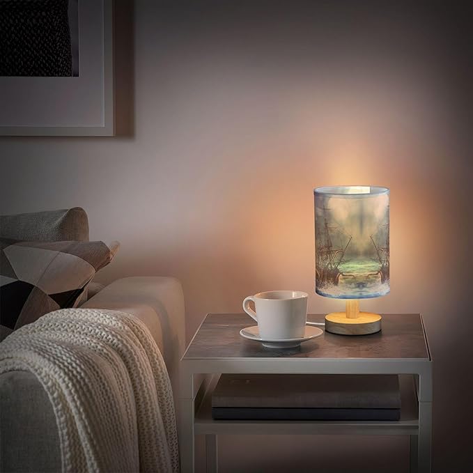Table Lamp Octopus Pirate Ship Sea Monster Tentacle Sailboat Night Ocean Wave Nightstand Lamp with Wood Base Fabric Lamp Shade Bedside Desk Lamp for Living Room Bedroom Kids Room Office - Bloomnest