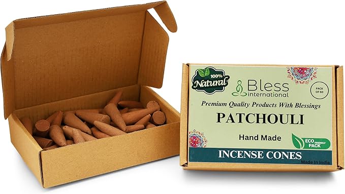 Bless International Patchouli 100%-Natural-Incense-Cones Handmade-Hand-Dipped Organic-Chemicals-Free for-Purification-Relaxation-Positivity-Yoga-Meditation The-Best-scents (60 Count) BlessInternational