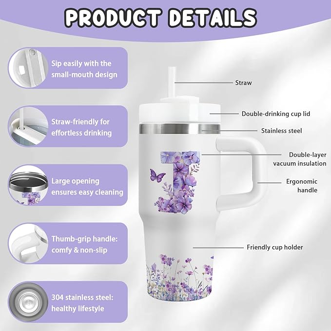 Letter J Tumbler Gifts, 14oz Letter J Themed Tumbler with Handle and Straw, Stainless Steel Double Wall Vacuum Insulated Cup Keep Hot Cold - 14oz Travel Mug with Lid Tumblers for Home Work Outdoor Use - Bloomnest