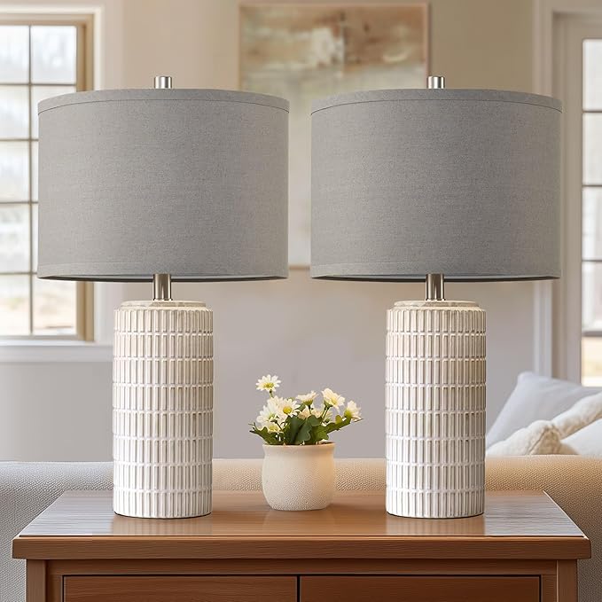 23" Set of 2 Ceramic Table Lamps, Farmhouse Bedside Lamp for Bedroom Living Room Nightstand Entryway, Side Table Lamps Modern Desk Lamp, 2 LED Bulbs Included (Gray) - Bloomnest