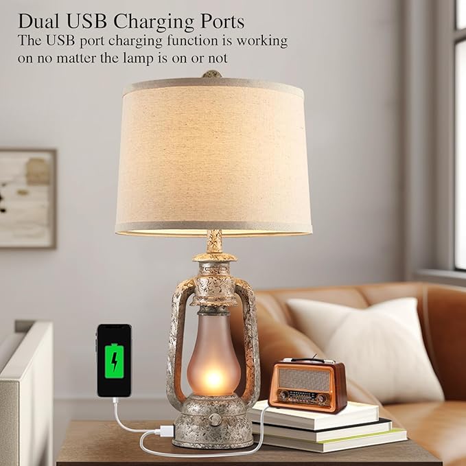 RORIANO Farmhouse Rustic Table Lamps for Living Room Set of 2,Vintage Lantern Table Lamp with Dual USB Ports, 25" Tall Retro Bedside Lamp for Bedroom Nightstand, 4 Bulb Included (Iron Gray) - Bloomnest