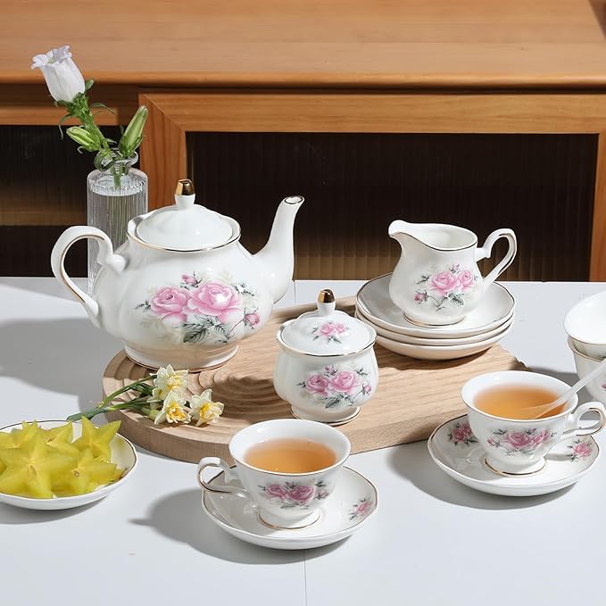 Sweejar Ceramic Teapot with Infuser, Floral Relief Gold Rimmed Teapot, 29 OZ Porcelain Tea Pot for Blooming and Loose Tea, Coffee...(Pink Flower) - Bloomnest