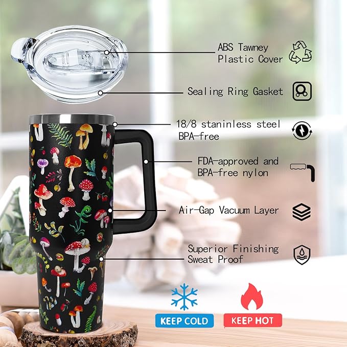 Ceovfoi 40 Oz Mushroom Tumbler With Handle,Mushroom Coffee Travel Mug Cup Water Bottle,Mushroom Decor,Mushroom Gifts for Women - Bloomnest