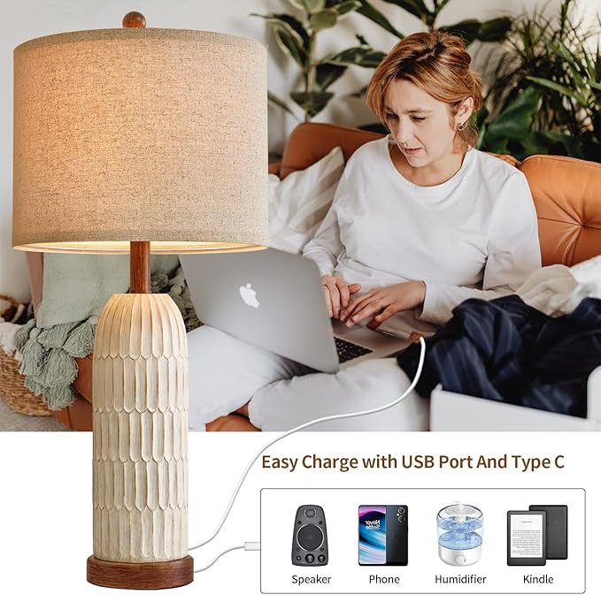 OYEARS 26.5" Table Lamp Set of 2 for Bedroom Living Room with USB A+C Charging Ports Modern Farmhouse Bedside End Lamps Rustic Nightstand Lamps,Brown - Bloomnest