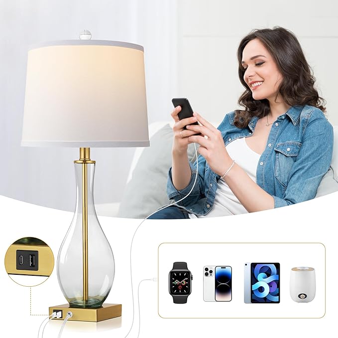 WIHTU Table Lamps Set of 2 with Touch Control, 27" Bedside Desk Lamps for Nightstand Decorations, 3-Way Dimmable Modern Glass Table lamp with USB C and A Charging Ports, Gold (LED Bulbs Included) - Bloomnest