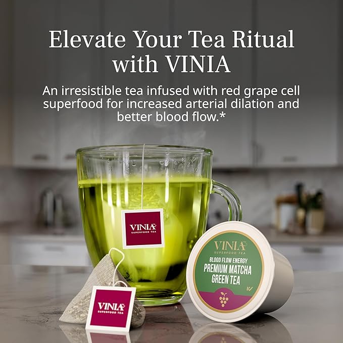 VINIA Premium Matcha + Green Tea K-Cup Pods, Made with Organic Tea, Infused with Piceid Resveratrol for Heart Health, Nitric Oxide, Physical Energy, Alertness, Blood Flow, Keto, Kosher, NON-GMO. 30 Ct - Bloomnest