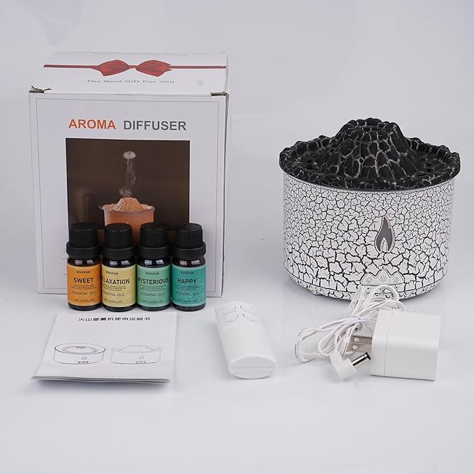 BOHOFAM Essential Oil Diffuser 360ML,Volcano and Flame Diffuser/Humidifier 2 Mode,Diffusers for Home with 7 Colorful Light,Included 4 Hotel Collection Diffuser Oil for Bedroom(White Translucent) - Bloomnest
