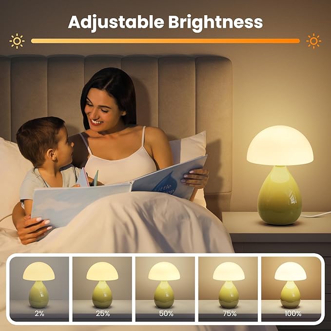 Mushroom Lamp Bedside, Mini Modern Lamp Small Vintage Table Nightstand Light, Small Light Dimmable for Bedroom, Living Room, Ceramic Base Glass Led Home Decor for Woman Children Gift - Bloomnest