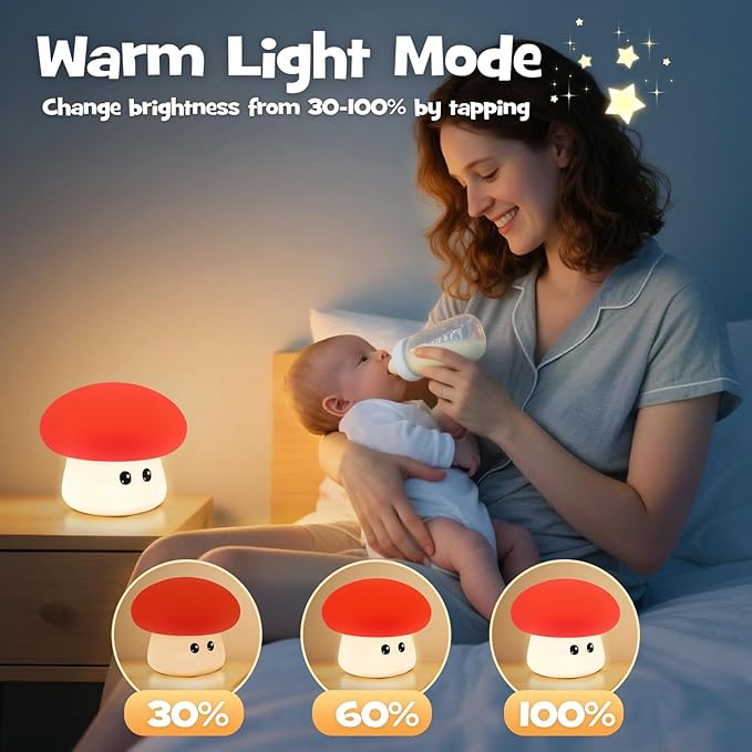 Squishy Big Eyes Mushroom Night Light with RGB Mode 3 Brightness Adjustable Nursery Breastfeeding Nightlight Cute LED Red Mushroom Lamp Rechargeable Silicone Touch Bedside Lamp for Bedroom Dorm Decor - Bloomnest