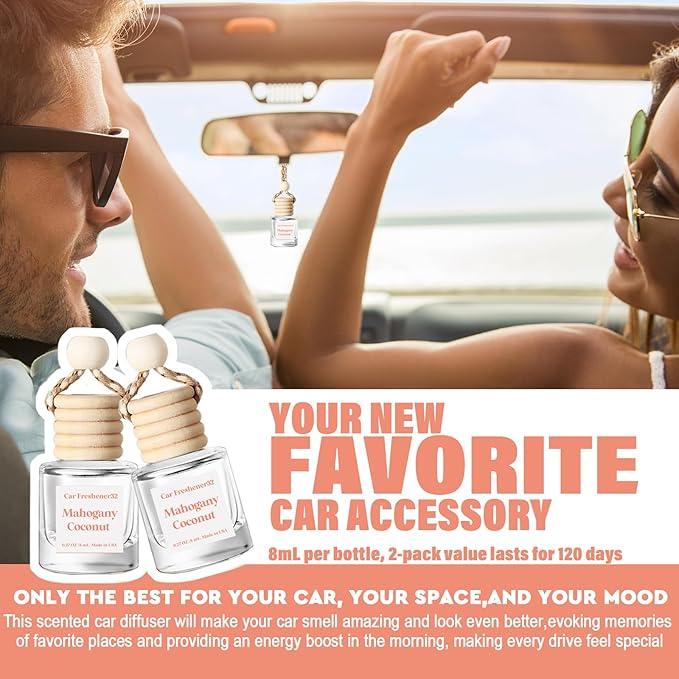 HoogaLife Car Air Freshener Diffuser 2 Pack Hanging Mahogany Coconut Car Air Freshener for Women 45+ days Long Lasting Fragrance Made in USA (M32) - Bloomnest