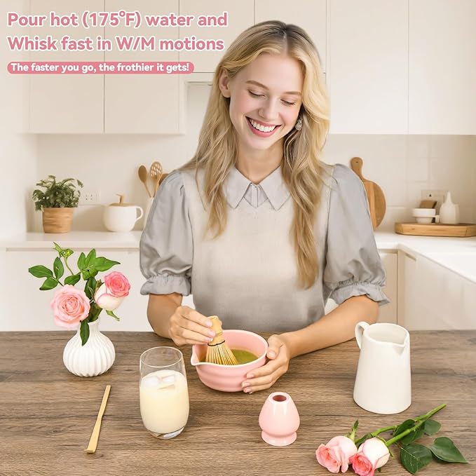 Pink Matcha Whisk Set - Ceramic Matcha Making Kit with Bamboo Whisk, Scoop, Bowl, Ceramic Holder & Sifter –5 PCS Handcrafted Elegant Japanese Tea Ceremony Tools Gift for Matcha Lovers - Bloomnest