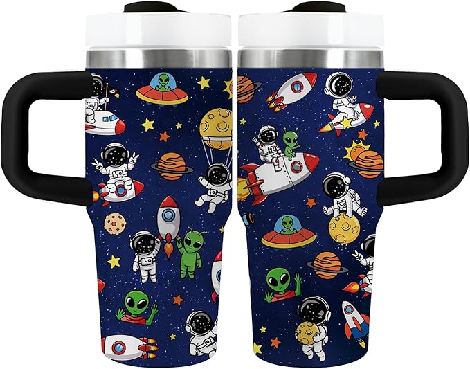 Space Themed Gifts for Boys - 14oz Kids Astronaut Tumbler with Handle and Straw, Stainless Steel Insulated Water Cup, for Sports, School - Space Themed Children's Birthday Gift Cup (1pc) - Bloomnest