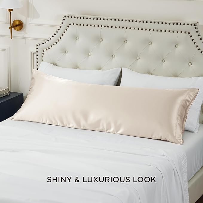 Bedsure Body Pillow Cover 20x54 Inches - Beige Satin Similar to Silk Pillowcase for Hair and Skin, Cooling and Silky Long Body Pillow Pillowcase with Envelope Closure, Gifts for Women Men - Bloomnest