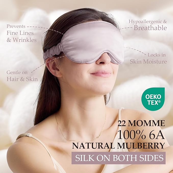 100% 22 Momme Mulberry Silk Sleep Mask with Adjustable Strap, 3D Contoured Cup Silk Eye Mask for Sleeping, Total Black Out, Dusty Purple - Bloomnest