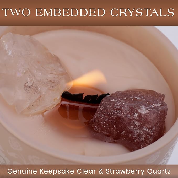 Luxury Crystal Candle for Women - Velvet Rose & Patchouli Scented Aromatherapy Candle - Manifestation Candle with Strawberry and Clear Quartz Crystals -7.4oz Natural Coconut, Soy Wax Wood Wick Candles - Bloomnest