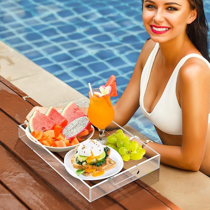 Acrylic Serving Trays with Handles, 16"x 12" Rectangle Sturdy Breakfast Tray, Clear Decorative Trays Organiser for Bedroom, Kitchen, Living Room, Bathroom, Hospital and Outdoors - Bloomnest