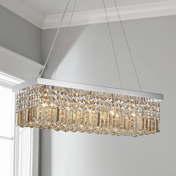 Saint Mossi 5-Lights Modern K9 Crystal Chandelier, Crystal Pendant Light Fixture, H9 x W10 x L31, Chain Adjustable Max 59“, Champagne Crystal & Chrome Finish - Bloomnest