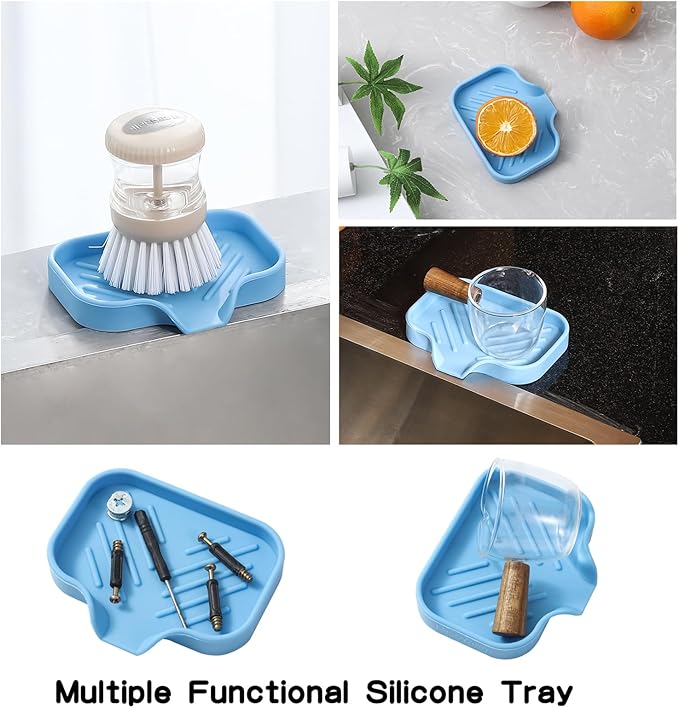 Silicone Bathroom Soap Dishes with Drain Spout-Bathroom and Kitchen Sink Organizer,Sponge Holder,Dish Soap Tray,Perfect for Dispenser,Scrubber,Bottle on Sink or Counter-Light Blue 4.9"×3.2" - Bloomnest