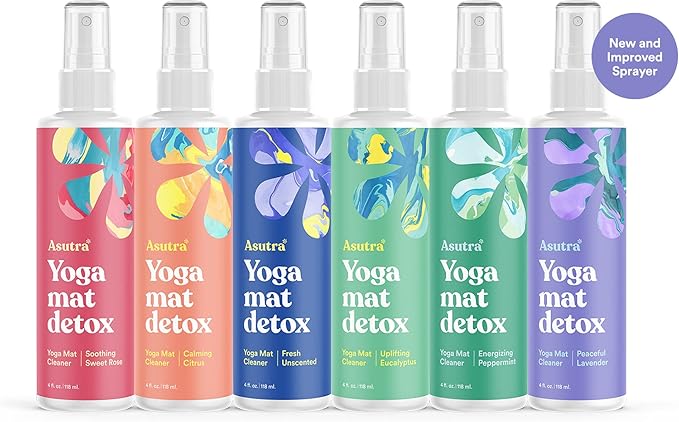 ASUTRA Yoga Mat Cleaner Spray Variety Pack (All Scents), 4 fl oz (Pack of 6) - No Slippery Residue, Organic Essential Oils, Deep-Cleansing for Fitness Gear & Gym Equipment, Microfiber Towels Included - Bloomnest