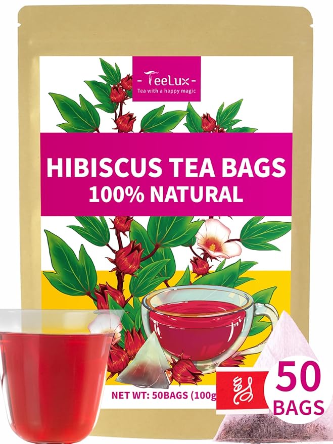 TeeLux Hibiscus Tea Bags, Natural Hibiscus Flowers Herbal Tea, Caffeine Free, Refreshing Tart Flavor, Hot & Iced Tea, 50 Count - Bloomnest