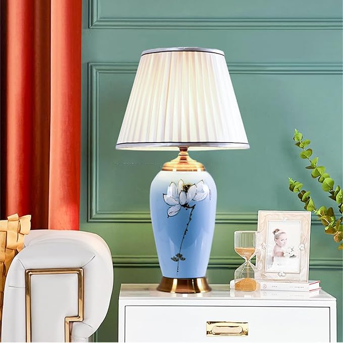 Blue Ceramic Table Lamp with White Fabric Lamp Shade Vintage Lamps with Flower and Bird Patterns，Traditional Home Decor Ceramic Table Lamp for Living Room Bedroom Nightstand Home Office - Bloomnest