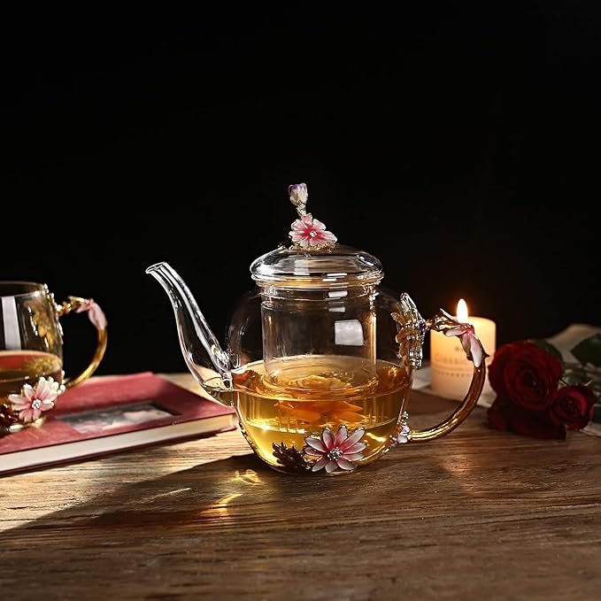 Luka Tech 35OZ Enamel Glass Flower Teapot With Removable Loose Tea Leaf Infuser Tea Maker,Gifts For Women,Mom,Mothers Day,Christmas,Birthday,Valentines Day