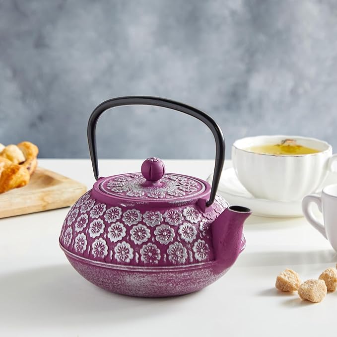 Purple Floral Cast Iron Teapot Kettle with Stainless Steel Loose Leaf Infuser (34 oz) - Cast Iron Tea Kettle - Tea Infuser Pot