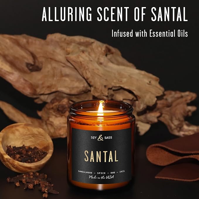 Santal Candle - Sandalwood Candles I Scented Black Candles for Men or Women - Sandalwood, Spices & Leather Soy Wax Mens Candle -Infused w/Essential Oils | Long 50Hr Burn, 9oz I Non Toxic I Made in USA - Bloomnest