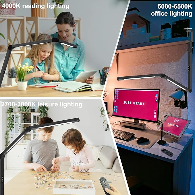 LED Desk Lamp with Clamp, Architect Desk Lamp for Home Office with Remote Control, Swing Arm Clamp on Computer Light, Clip-on Eye-Care Adjustable 5 Brightness Levels Table Light for Working Drafting - Bloomnest