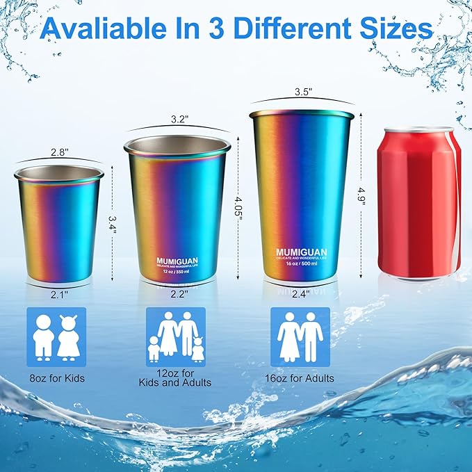 Stainless Steel Cups for Kids 16oz/500ml (4 Pack), Children's Rainbow Electroplating Cups, Camping Stainless Steel Cups, Stackable Metal Drinking Glasses, Toddler Stainless Steel Tumbler, BPA Free - Bloomnest