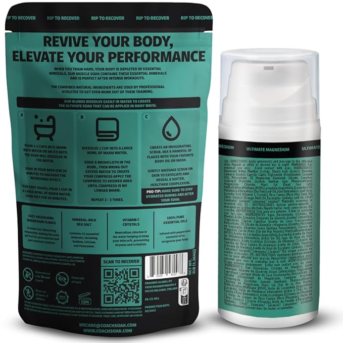 Coach Soak Recovery Bath Soak & Cream - Alternative to Epsom Salt Bath Soak - Fast-Absorbing Pure Magnesium Flakes with 21 Minerals, Bath Salts & Essential Oils - 2 Pack - Cooling Peppermint - Bloomnest