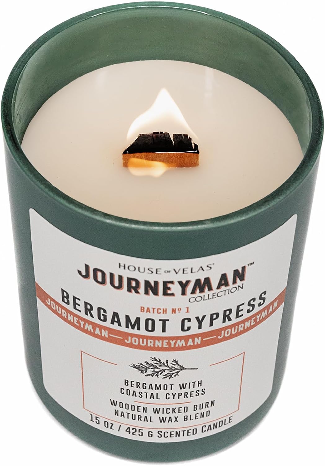 Journeyman Collection Candle, 15oz, Wooden Wick, Bergamot Cypress, Large Painted Jar