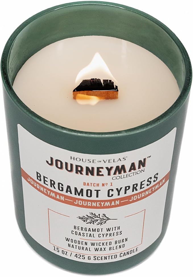 Journeyman Collection Candle, 15oz, Wooden Wick, Bergamot Cypress, Large Painted Jar - Bloomnest