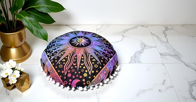 CRAFT KALA Large Round Bohemian Floor Pillow Pouf Cover Mandala Meditation Room Pillow Cover for Adults Boho Seating Poufs Cushion Cover for Kids Playroom 32" Round Multi Purple Burning Sun - Bloomnest