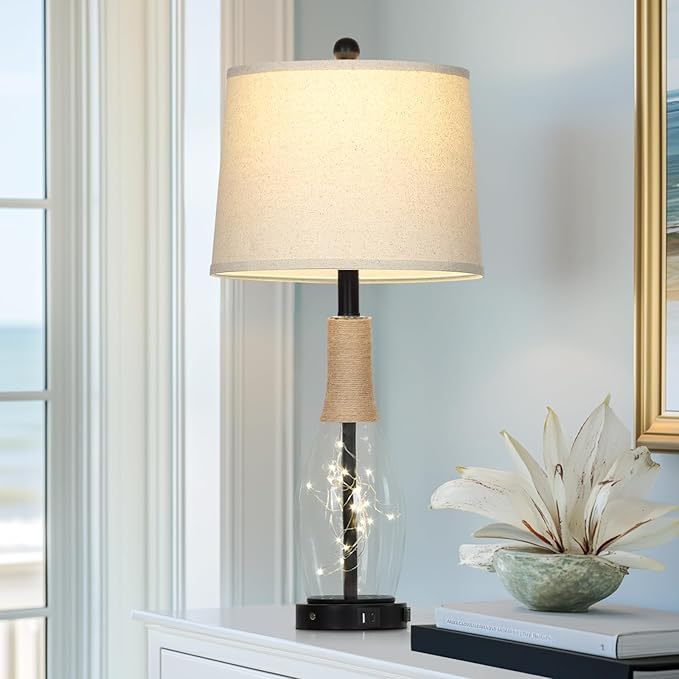 28" Tall Coastal Table Lamps Set of 2, Glass Black Modern Table Lamps with 3-Way Dimmable Touch Control Fairy Lights & Type-C Charging, Beach Nautical Bedside Lamps for Living Room Bedrooms End Table - Bloomnest