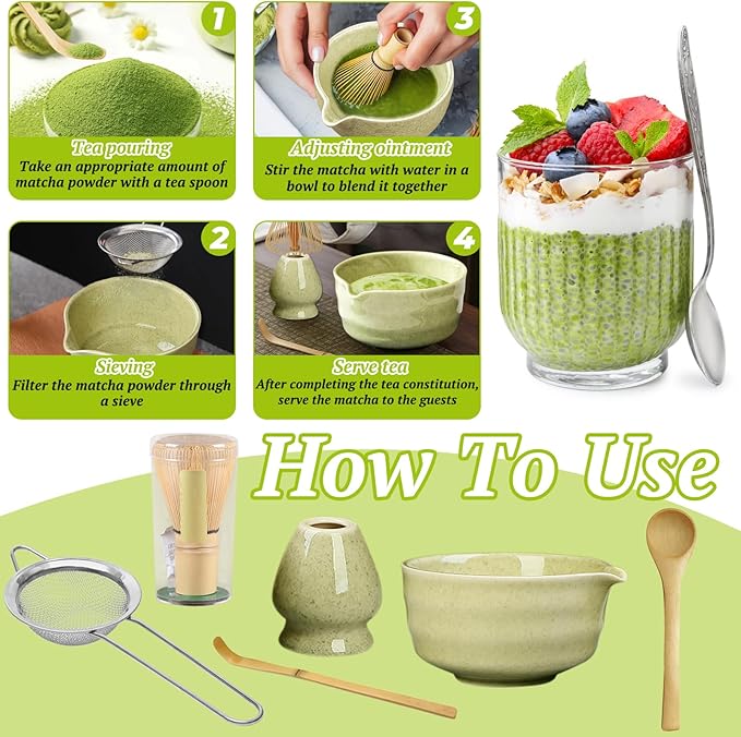 6 Pcs Matcha Whisk Set,Matcha Kit for Ceremony,Matcha Tea Set for Making Breakfast/Latte,Matcha Whisk Set with Ceramic Bowl with Spout,Whisk and Holder,Gift for Matcha Lover - Bloomnest