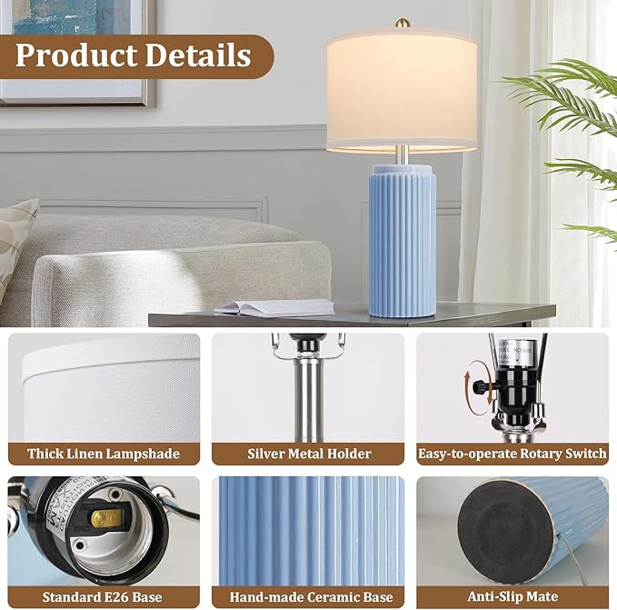 23.5’’ Sky Blue Farmhouse Table Lamps for Living Room Set of 2, Modern Elegant Ceramic Bedside Nightstand Lamps with White Linen Shade for Bedroom, Coastal Lamps Set for Study Home Office - Bloomnest