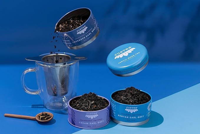 JusTea EARL GREY TEA TRIO | Stacking Tins Variety Pack with Hand Carved Tea Spoon | Loose Leaf Tea | High Caffeine | Fair Trade | Non-GMO - Bloomnest