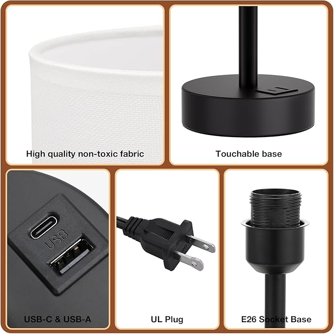 Dicoool White Touch Table Lamp with USB - 3 Way Dimmable Bedside Lamp for Nightstand, Bedroom Lamp with Black Charging Station for Desk, Office, Kids Room, Dorm, Small - Bloomnest
