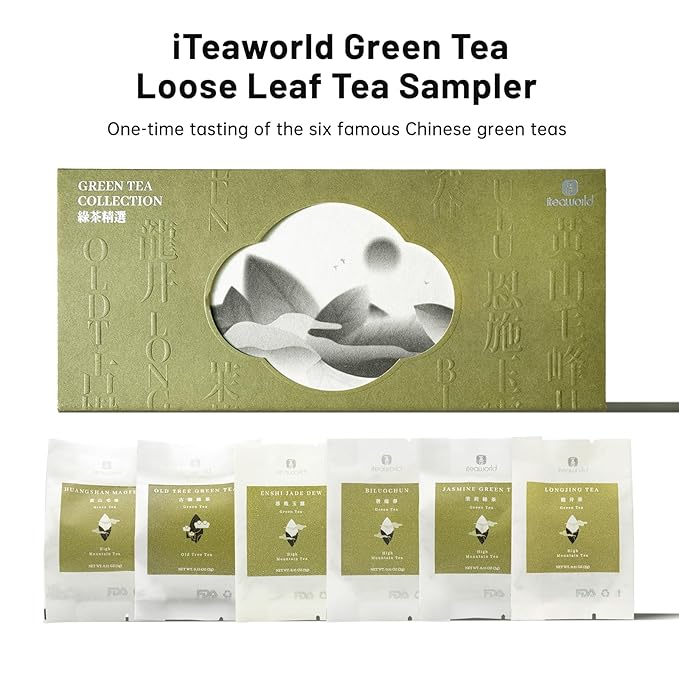 iTeaworld Chinese Green Tea Sampler - 6 Flavors Green tea loose leaf Bag - Chinese Tea With Mediumly Caffeinated, Sugar Free Loose Leaf Tea for Health Come with 20 Tea Bags, 3.5oz - Bloomnest