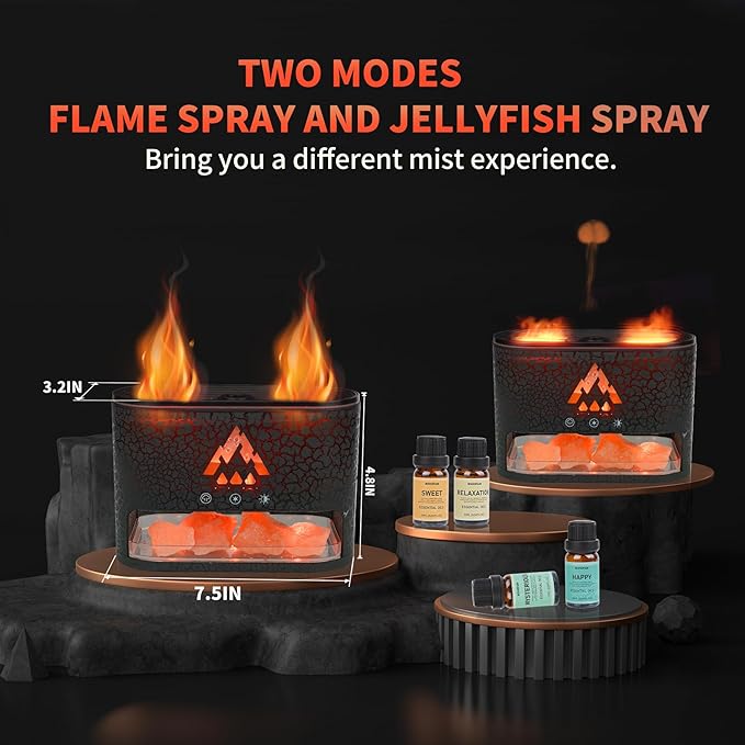 BOHOFAM Essential Oil Diffuser with Himalayan Salt lamp,Double Flame/Jellyfish 2 Mode Aroma Diffuser/Humidifier, Colorful Lights,4 * 10ML Hotel Collection Diffuser Oils Scents,for Home Bedroom(Black)