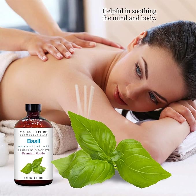 Majestic Pure Basil Essential Oil with Glass Dropper - Huge 4 Fl Oz - 100% Pure and Natural Basil Oil - Premium Grade Essential Oils for Diffuser, Aromatherapy, Soap and Candle Making - Bloomnest