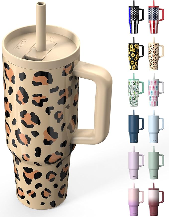 TILUCK 40 oz Tumbler with Handle, Vacuum Insulated Stainless Steel Travel Mug with 100% Leak-Proof Silicone Straw Lid, Cupholder Friendly Water Bottle(Leopard, 40oz)