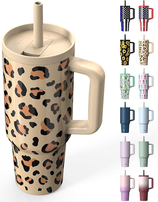 TILUCK 40 oz Tumbler with Handle, Vacuum Insulated Stainless Steel Travel Mug with 100% Leak-Proof Silicone Straw Lid, Cupholder Friendly Water Bottle(Leopard, 40oz)
