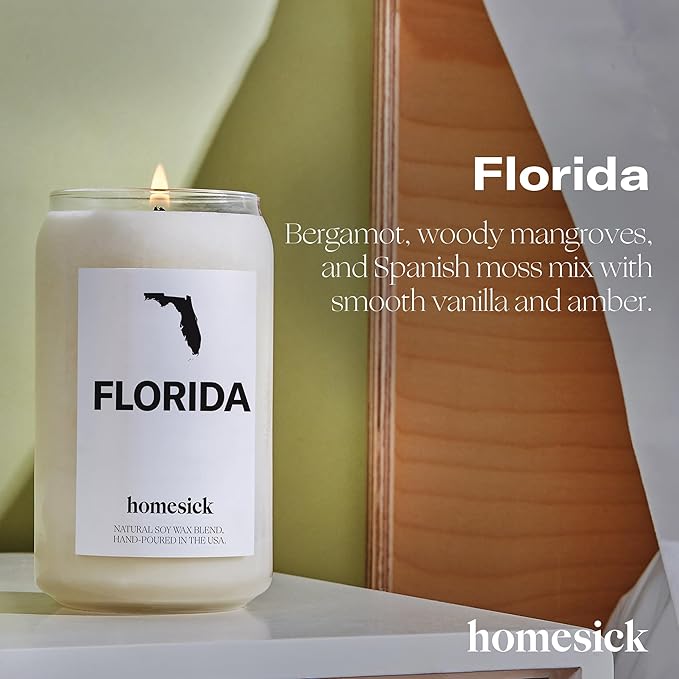 Homesick Scented Candles for Home (Florida) - 13.75 oz Long-Lasting Soy Wax Jar Candle for Women & Men for All Occasions, 60-80 Hours Burn Time - Notes of Moss & Bergamot - Bloomnest