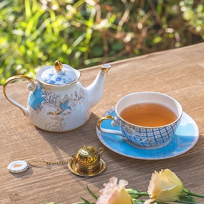 ACMLIFE Tea for One Teapot and Cup, Vintage Floral Porcelain Tea Set for One, Bone China Teapot with Cup Set, Tea Pot Gift for Women (Blue-B) - Bloomnest