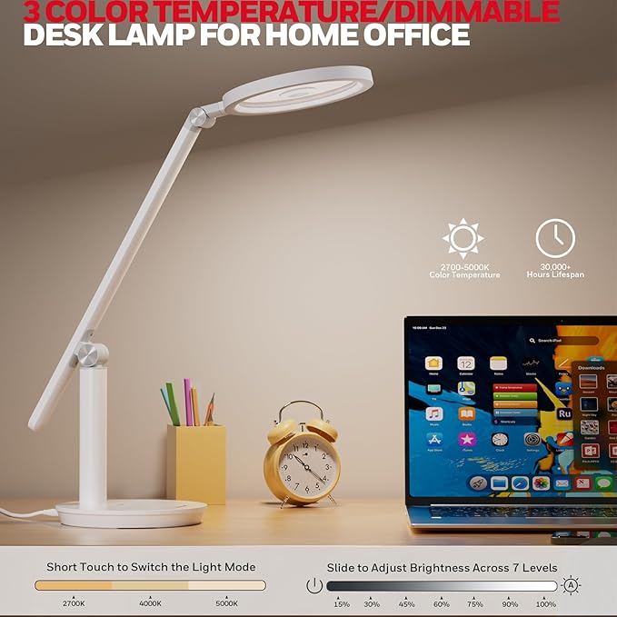 Honeywell Desk Lamp for Home Office, H6 Sunturalux™ Eye-Caring Led Desk Light, 800LM Dimmable Desk Lamp with Timer, Touch Control Tall Desk Reading Light, Table Lamp for Circle Webcam, Study, Bedroom - Bloomnest